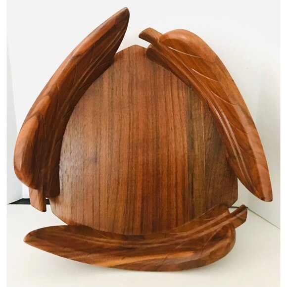 Vintage Solid Walnut Wood Mid Century Modern Bowl Leaf Motif MCM Decorative - Picture 4 of 10